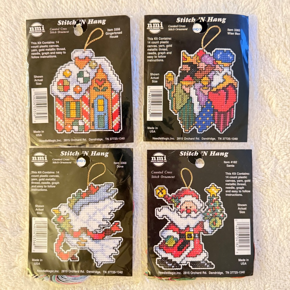 4 Vintage NeedleMagic Stitch N Hang Cross Stitch Ornament Kits Santa Gingerbread